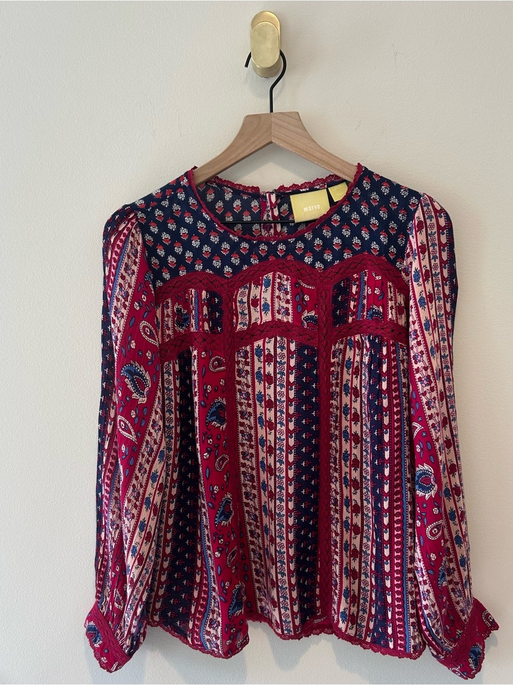 Anthropologie Maeve Gretchen Blouse Peasant Patchwork Paisley Red & Blue Floral